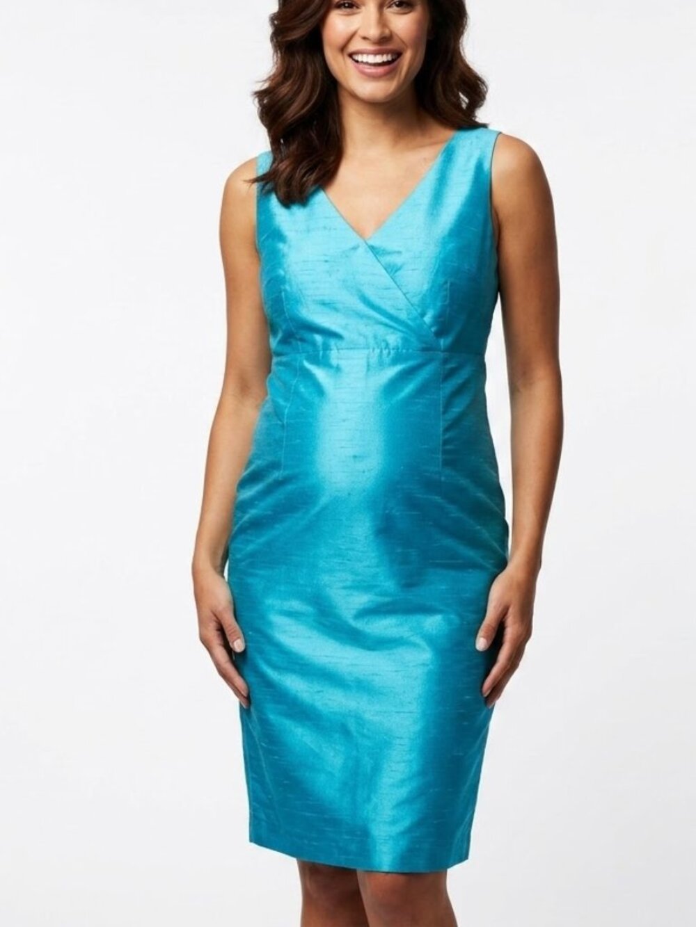Motherhood Maternity Silk Capri Blue V-Neck Tie Waist Sleeveless Midi Dress Sz L